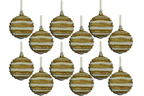 12 Pack of Gold and White Wavy Ball Ornaments with Glitter Enhancements