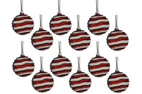 12 Pack of Red and White Wavy Ball Ornaments with Glitter Enhancements