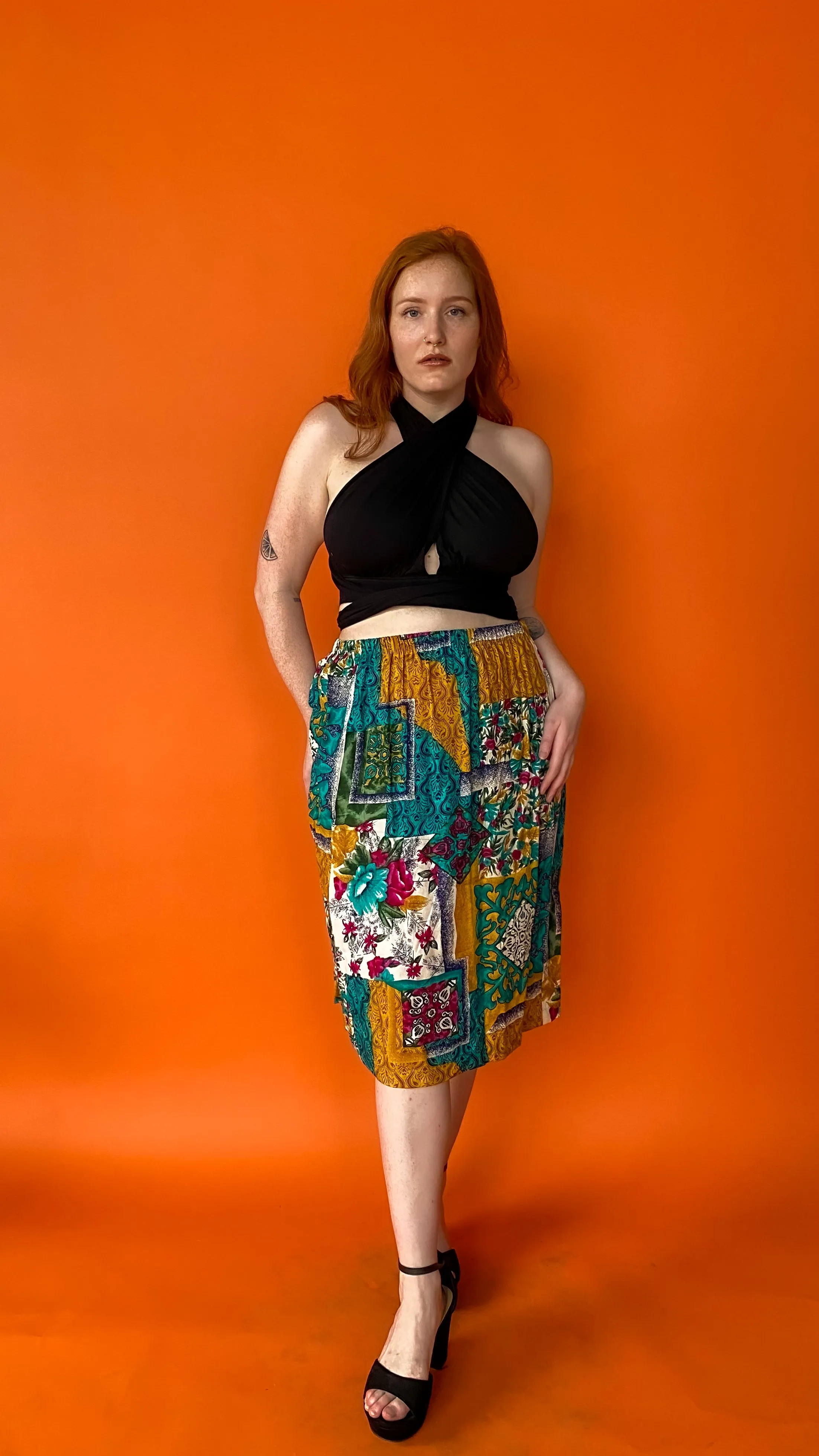 1990s Turquoise and Yellow Abstract Patterned Skirt  sz. 1XL