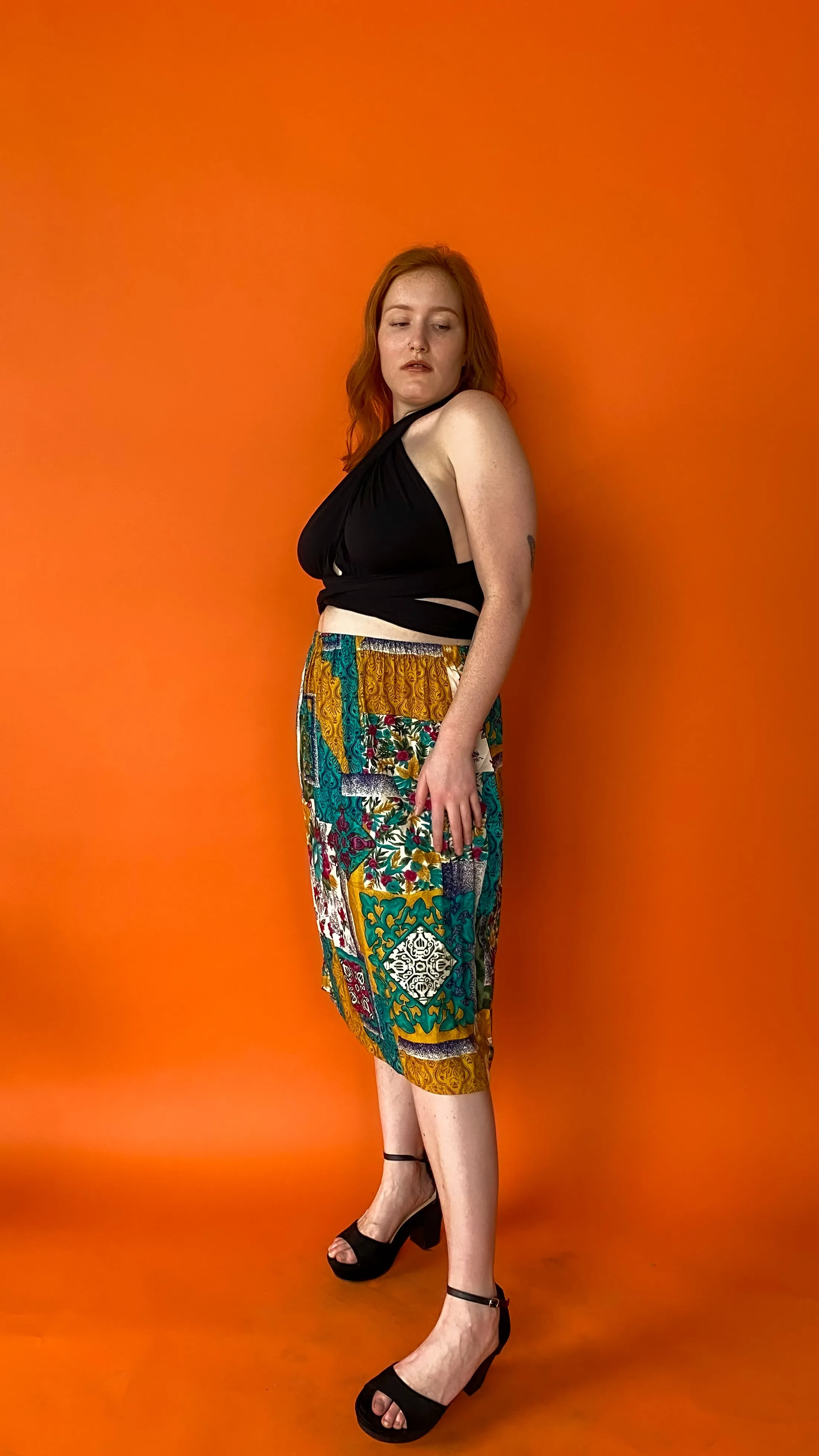 1990s Turquoise and Yellow Abstract Patterned Skirt  sz. 1XL