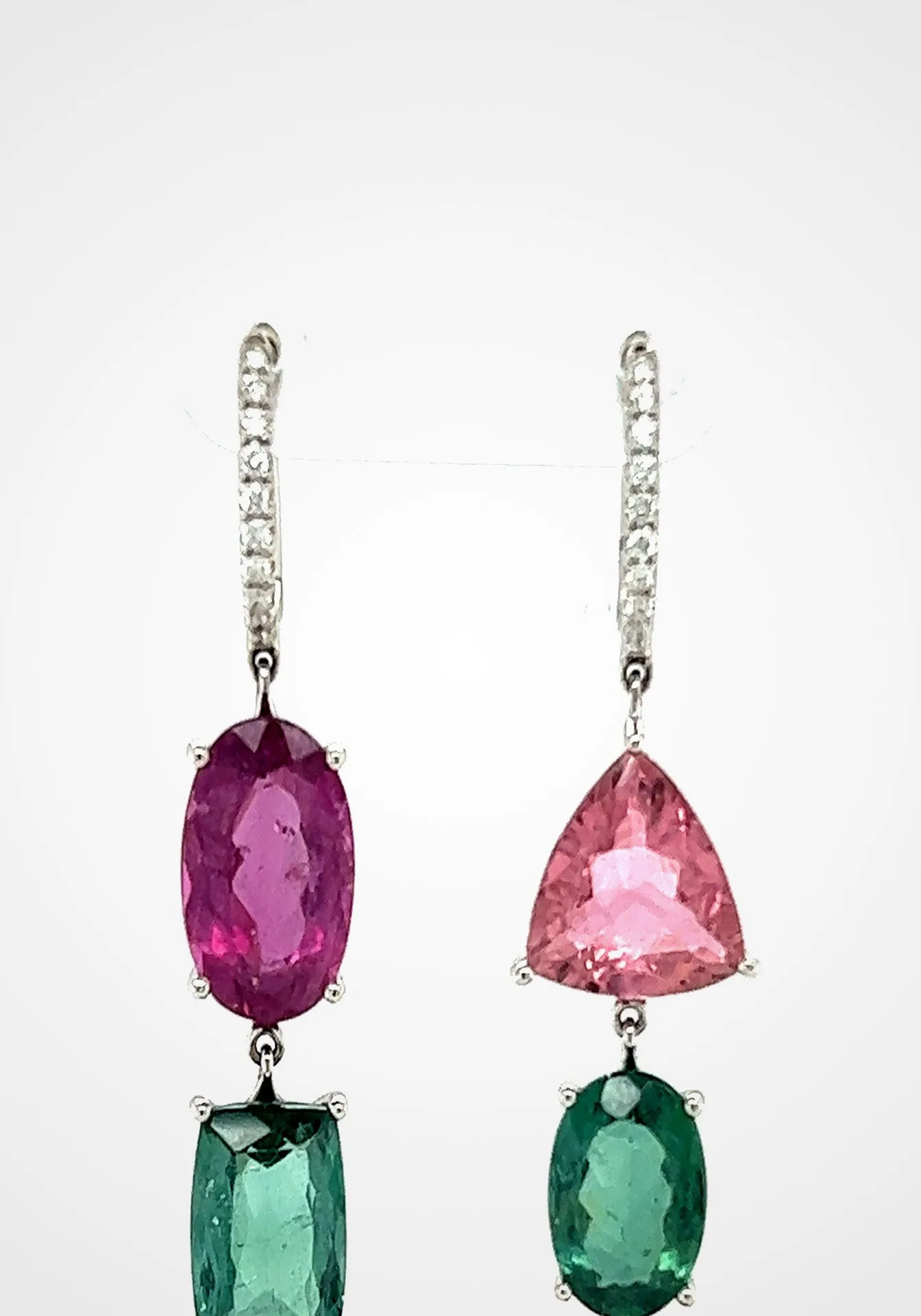 Asymmetric, 18K White Gold   6 Mixed Color Tourmaline Earrings