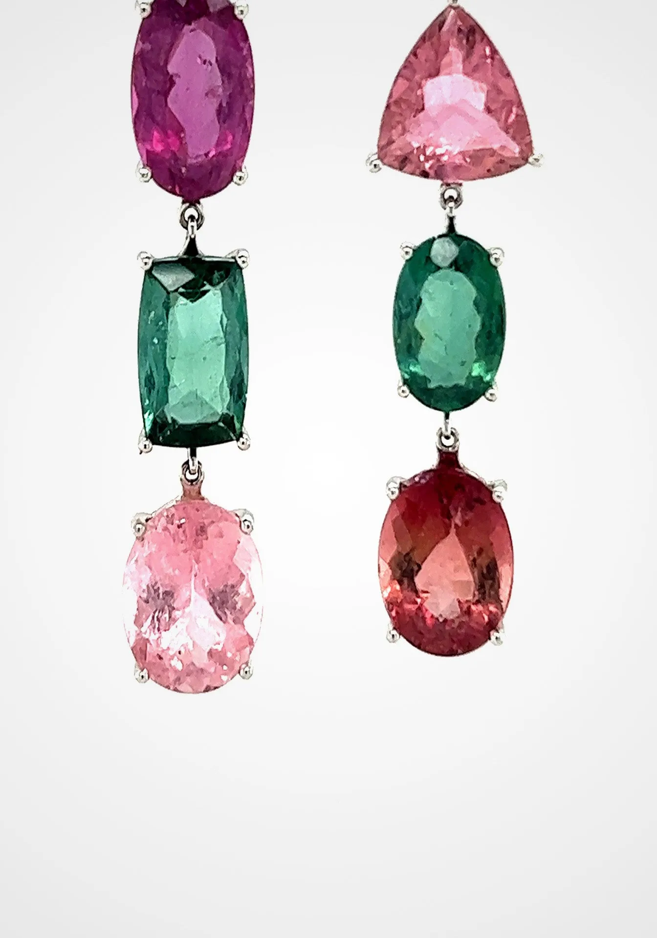 Asymmetric, 18K White Gold   6 Mixed Color Tourmaline Earrings