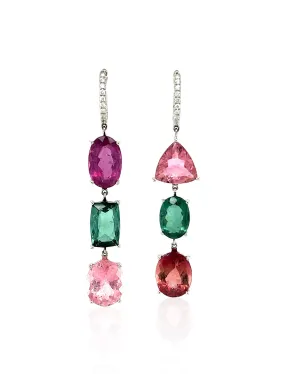 Asymmetric, 18K White Gold   6 Mixed Color Tourmaline Earrings