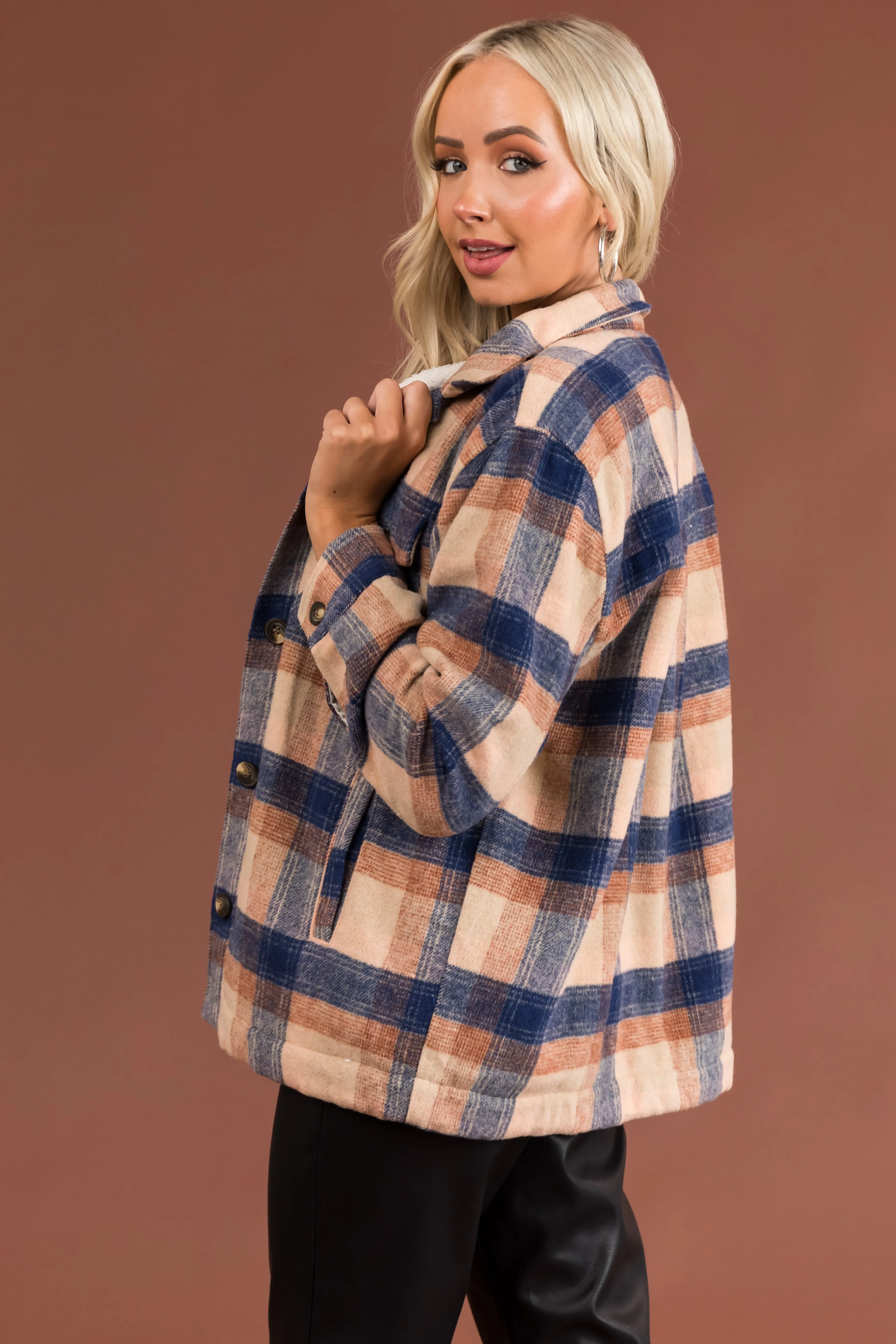 Beige and Navy Plaid Button Up Collared Shacket