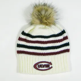 Big Sky Stripe Beanie w/ Fur Pom Natural/Black/Burgundy