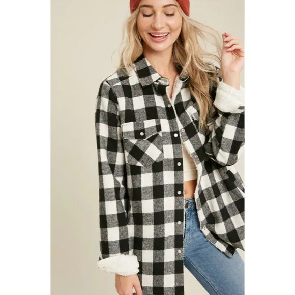 Black Buffalo Plaid Sherpa Lined Shacket Shirt Jacket Womens