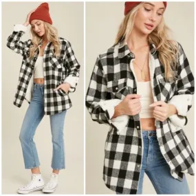 Black Buffalo Plaid Sherpa Lined Shacket Shirt Jacket Womens