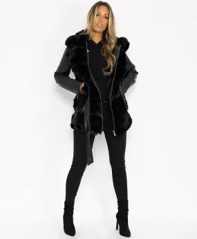 Black Tiered Faux Fur Trim PU PVC Hooded Coat Jacket