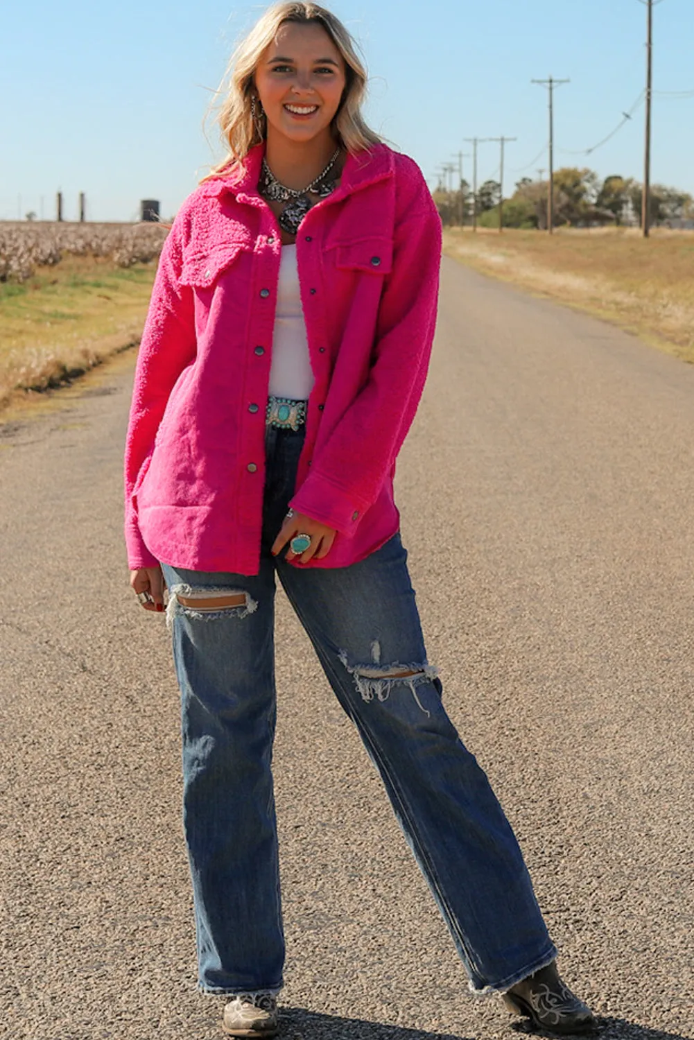 Bright Pink Faux Suede Sherpa Patchwork Button-up Shacket