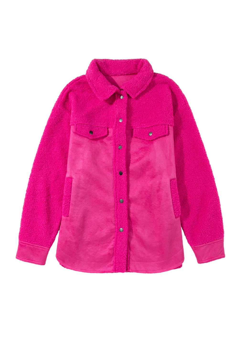 Bright Pink Faux Suede Sherpa Patchwork Button-up Shacket