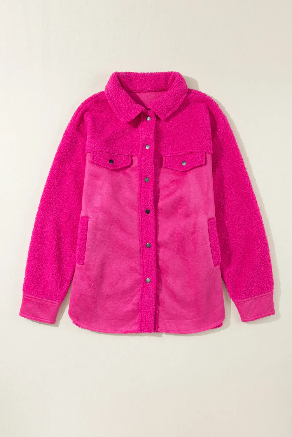 Bright Pink Faux Suede Sherpa Patchwork Button-up Shacket