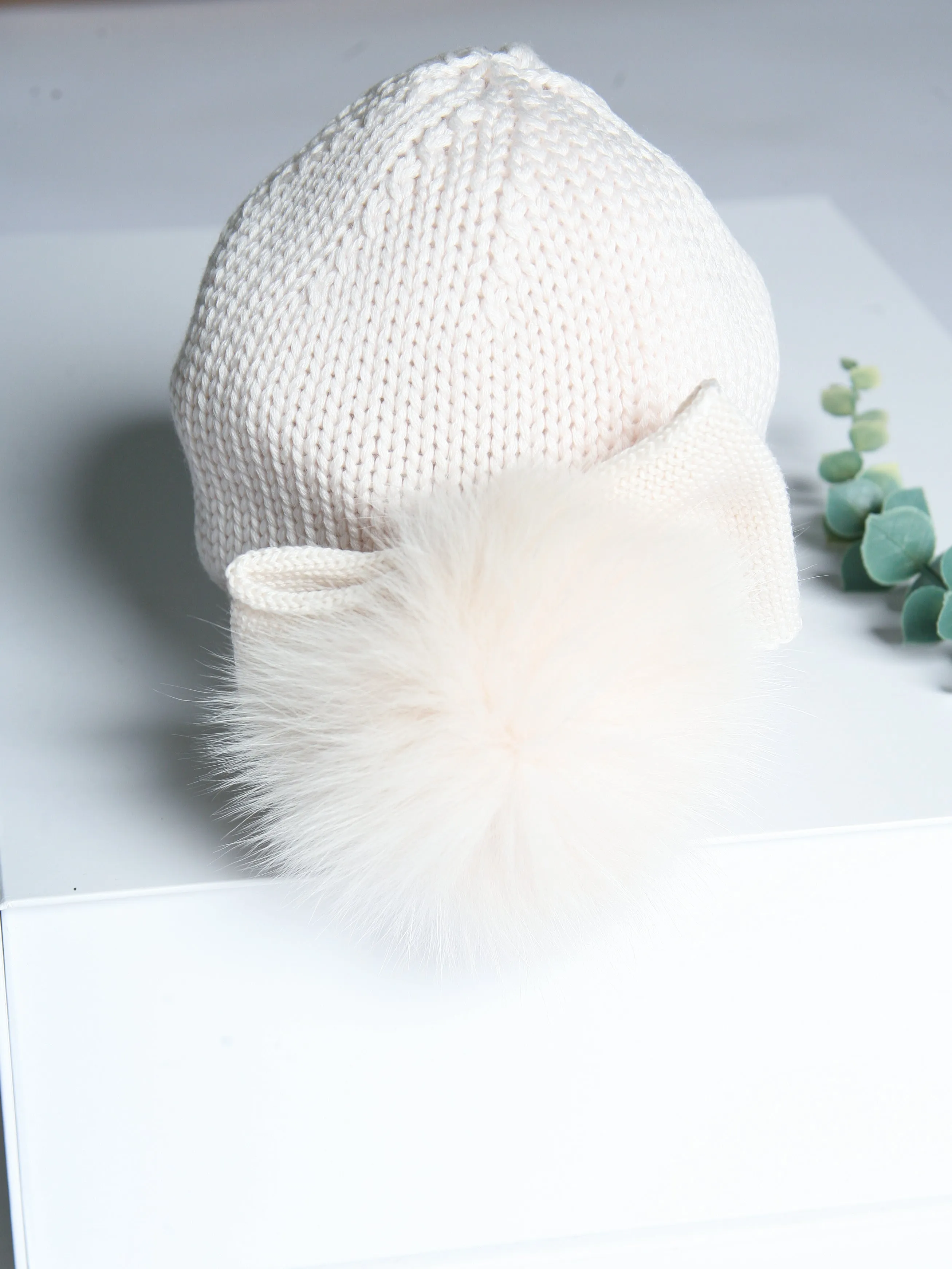 Catya Light Beige Marino Wool Hat with Fur Pom & Bow