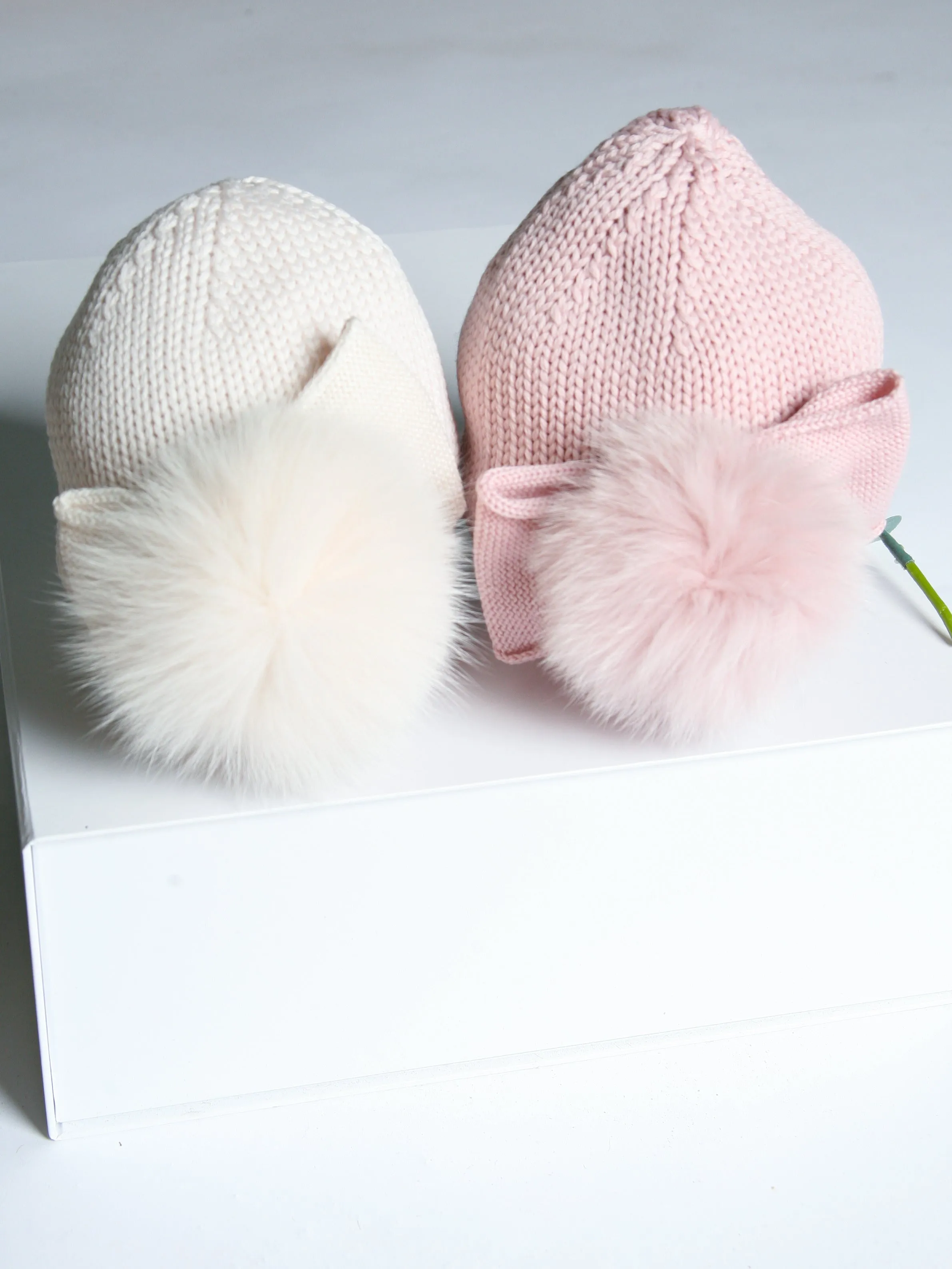 Catya Light Beige Marino Wool Hat with Fur Pom & Bow