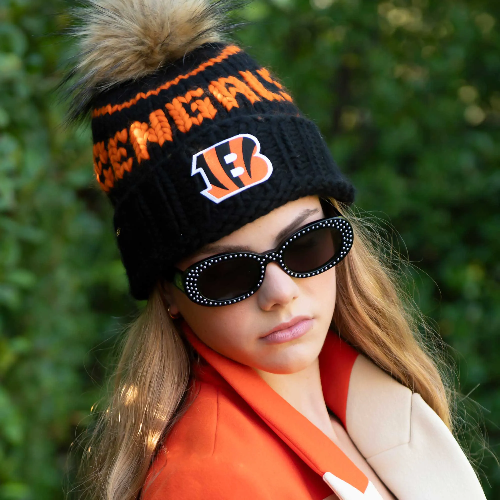 CINCINNATI BENGALS LELE SADOUGHI X NFL BLACK BEANIE FAUX FUR POM