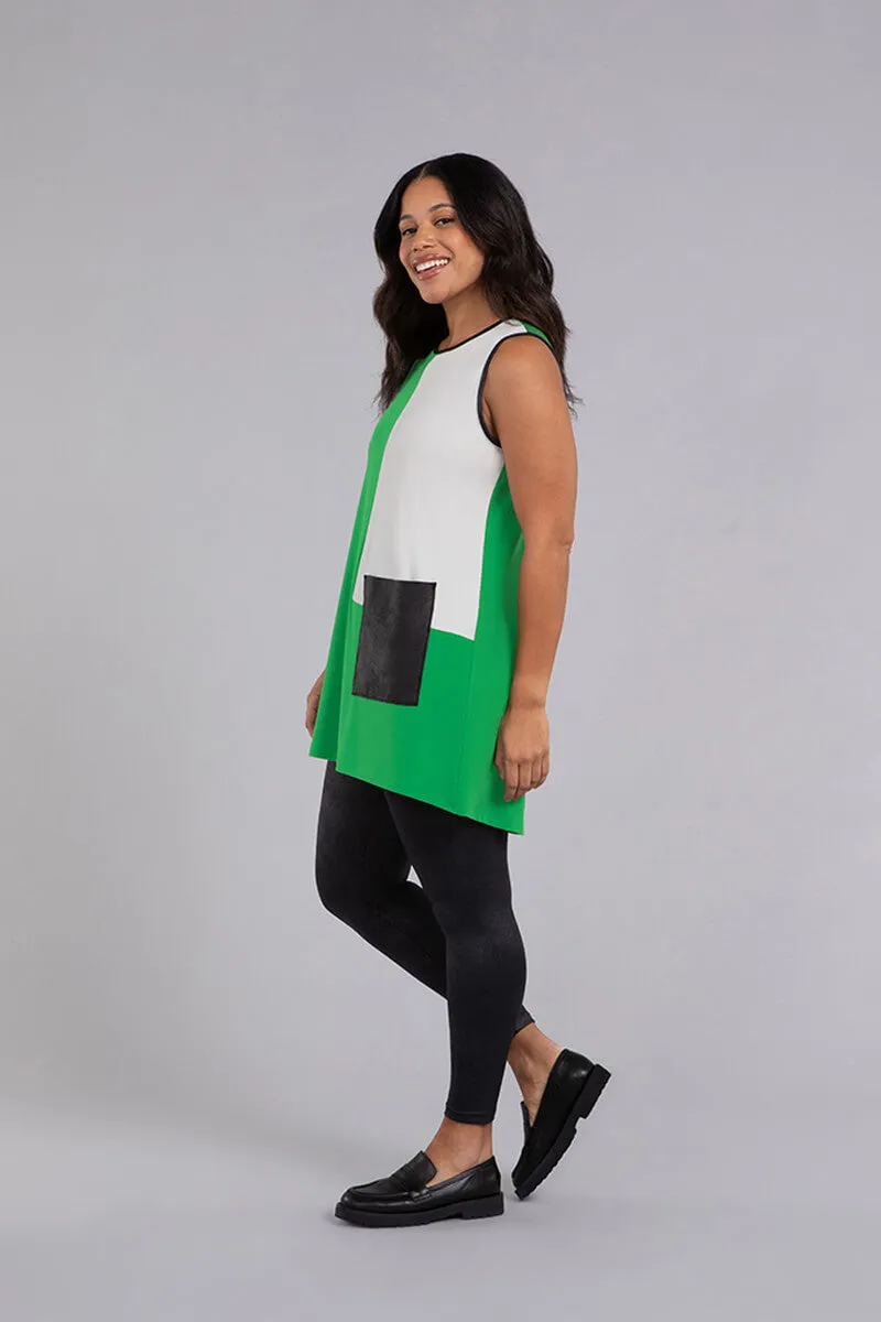 Colour Block Patch Pocket Sleeveless Tunic | Kelly Green/Ivory