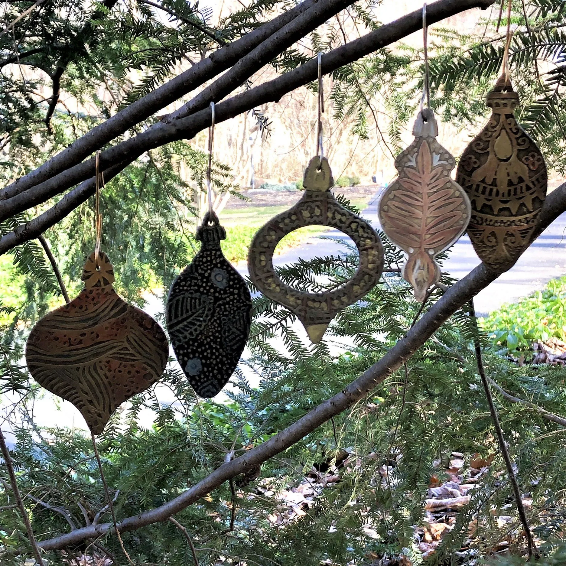 Custom Hand Drawn and Etched Holiday Ornaments in Red Brass, Copper and Silver Nickel