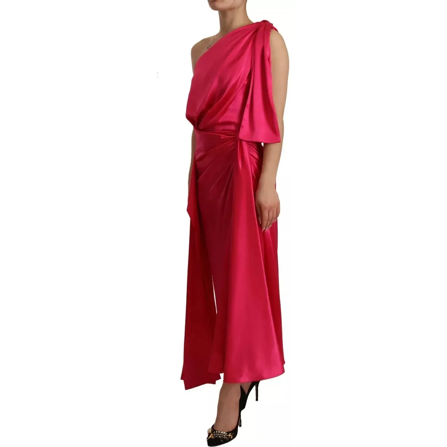 Dolce & Gabbana Silk Pink Fitted Cut One Shoulder Midi Dress