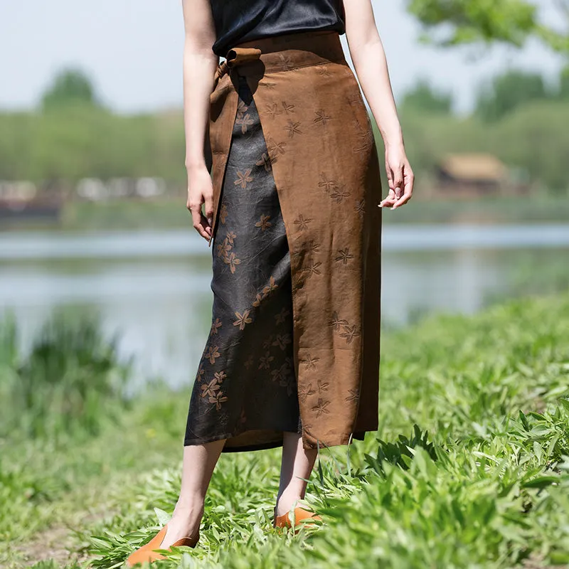 Exclusive Retro Chinese-style Silk Fragrant Cloud Gauze Midi Skirt Mulberry Silk Belted Pencil Skirt