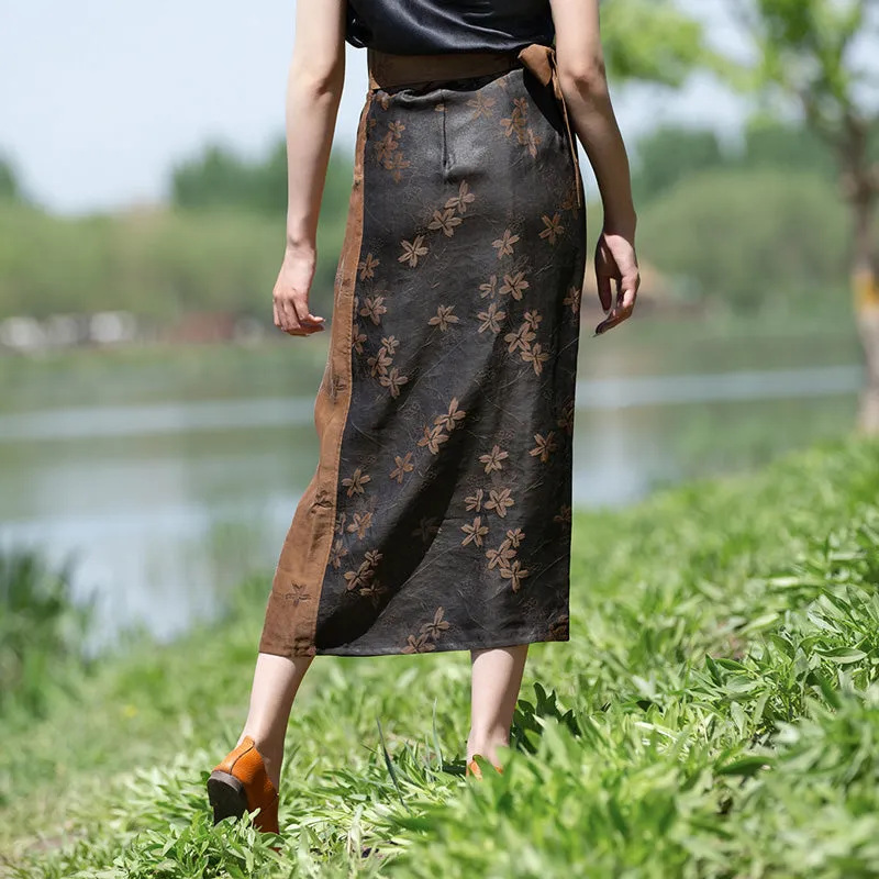 Exclusive Retro Chinese-style Silk Fragrant Cloud Gauze Midi Skirt Mulberry Silk Belted Pencil Skirt