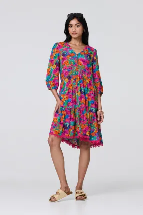 Floral 3/4 Sleeve Smock Dress