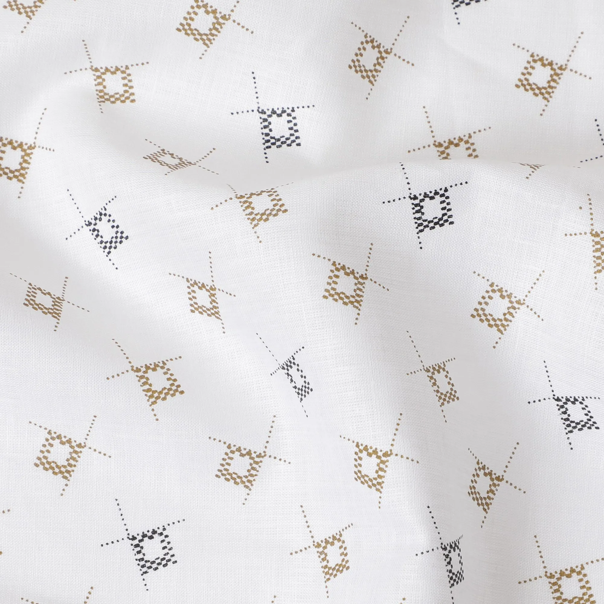 Geometric Matrix Printed Linen Fabric, 150 cm Width - Chic Navy & Beige on White-D18740