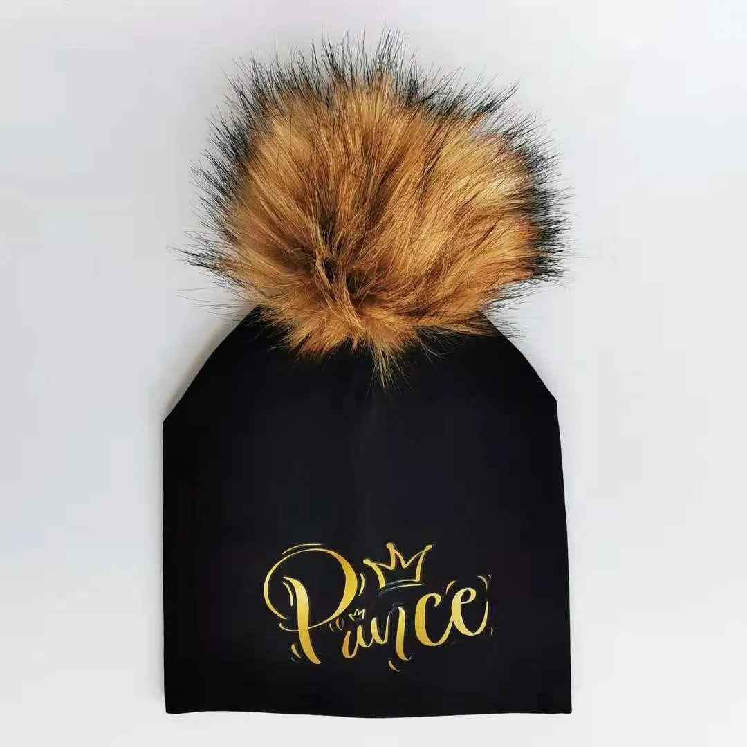 Golden Princess Prince Letter Design Pompom Cute Beanie Hats For Kids