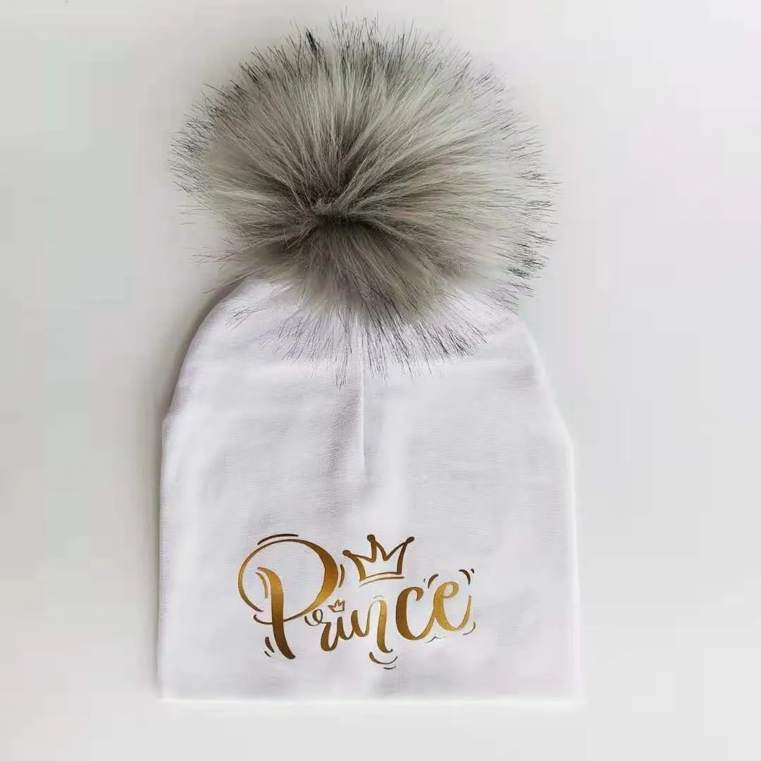 Golden Princess Prince Letter Design Pompom Cute Beanie Hats For Kids