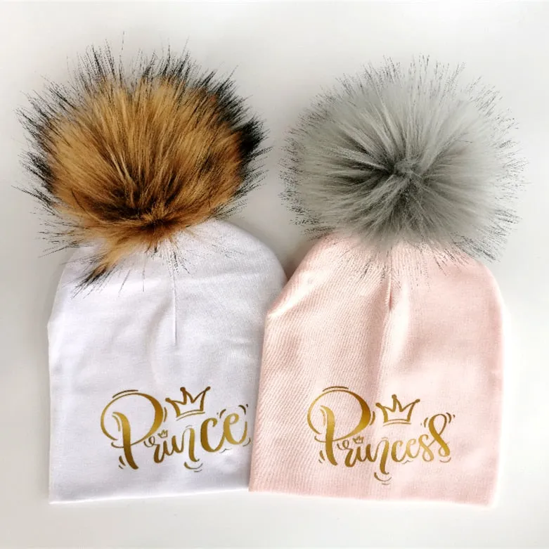 Golden Princess Prince Letter Design Pompom Cute Beanie Hats For Kids