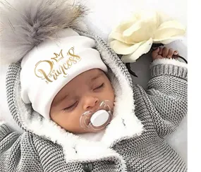 Golden Princess Prince Letter Design Pompom Cute Beanie Hats For Kids