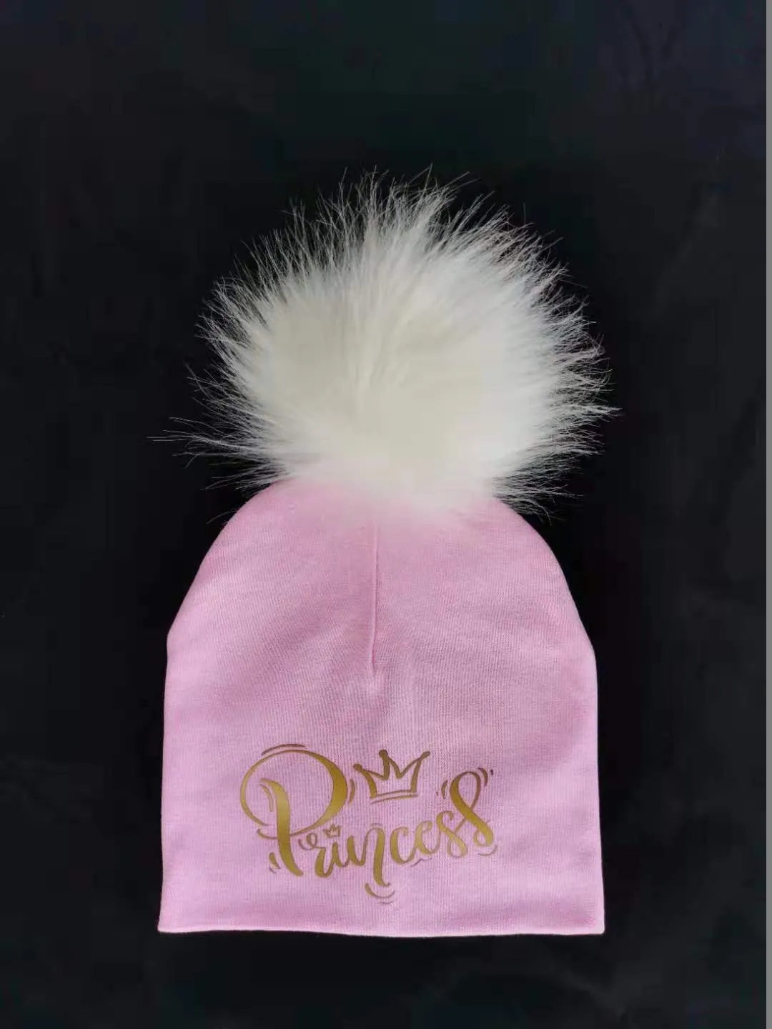 Golden Princess Prince Letter Design Pompom Cute Beanie Hats For Kids