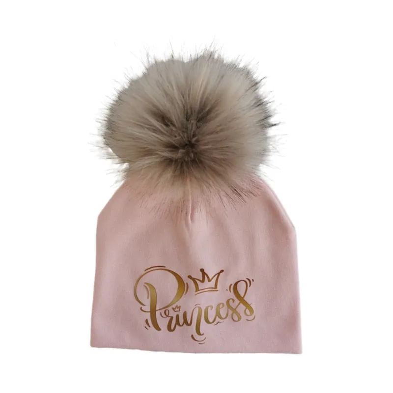 Golden Princess Prince Letter Design Pompom Cute Beanie Hats For Kids