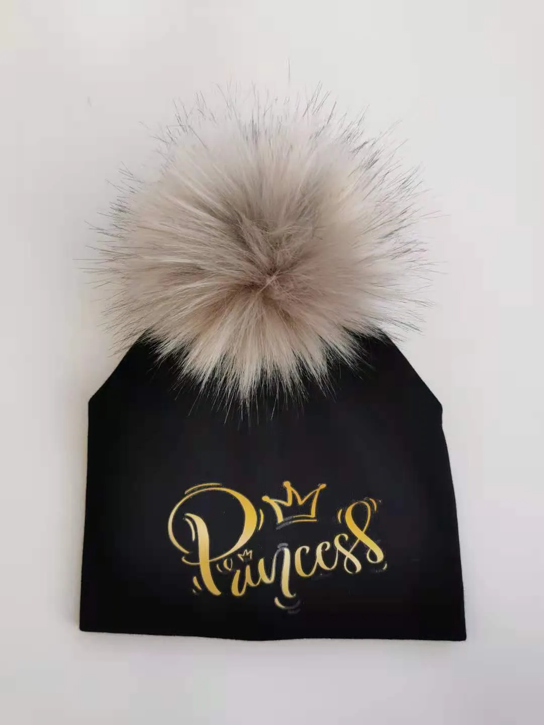 Golden Princess Prince Letter Design Pompom Cute Beanie Hats For Kids