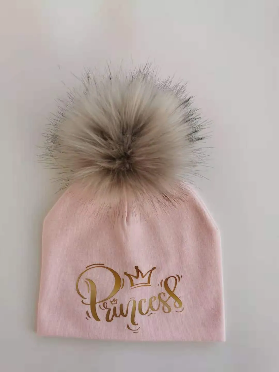 Golden Princess Prince Letter Design Pompom Cute Beanie Hats For Kids