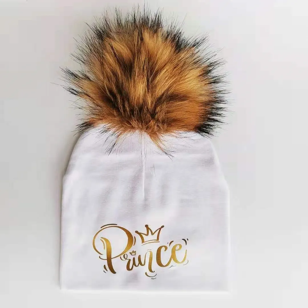 Golden Princess Prince Letter Design Pompom Cute Beanie Hats For Kids