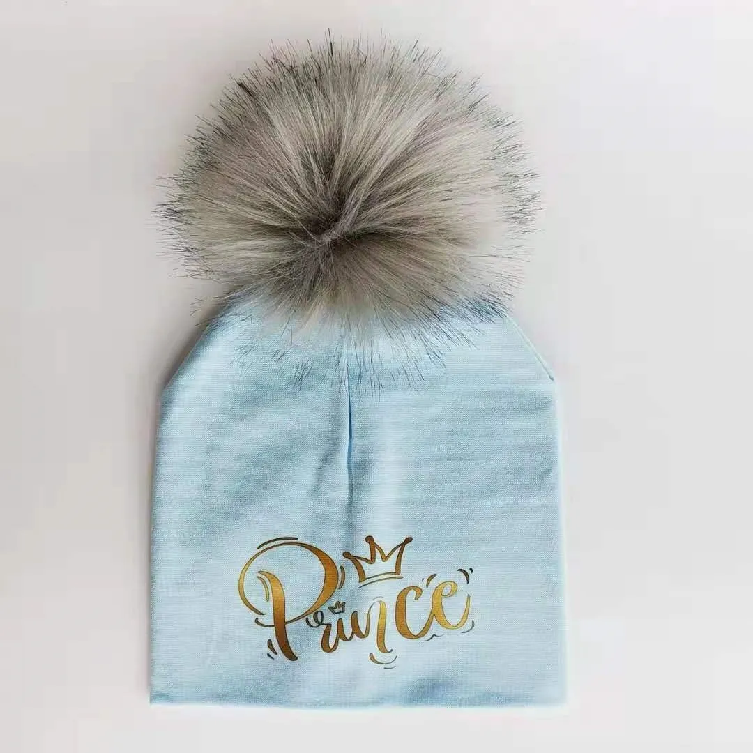 Golden Princess Prince Letter Design Pompom Cute Beanie Hats For Kids