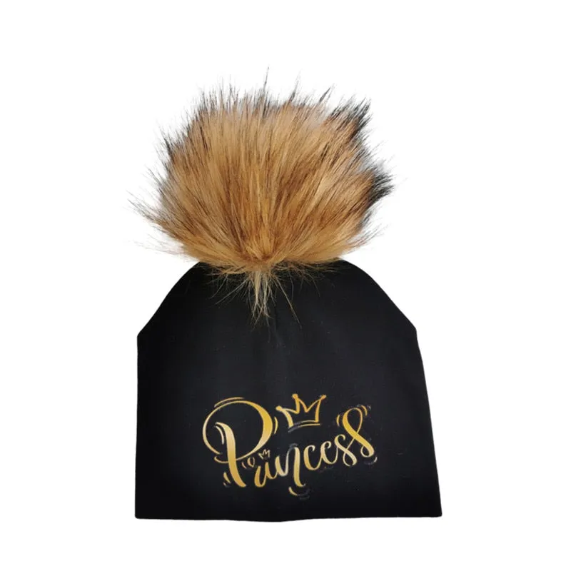 Golden Princess Prince Letter Design Pompom Cute Beanie Hats For Kids