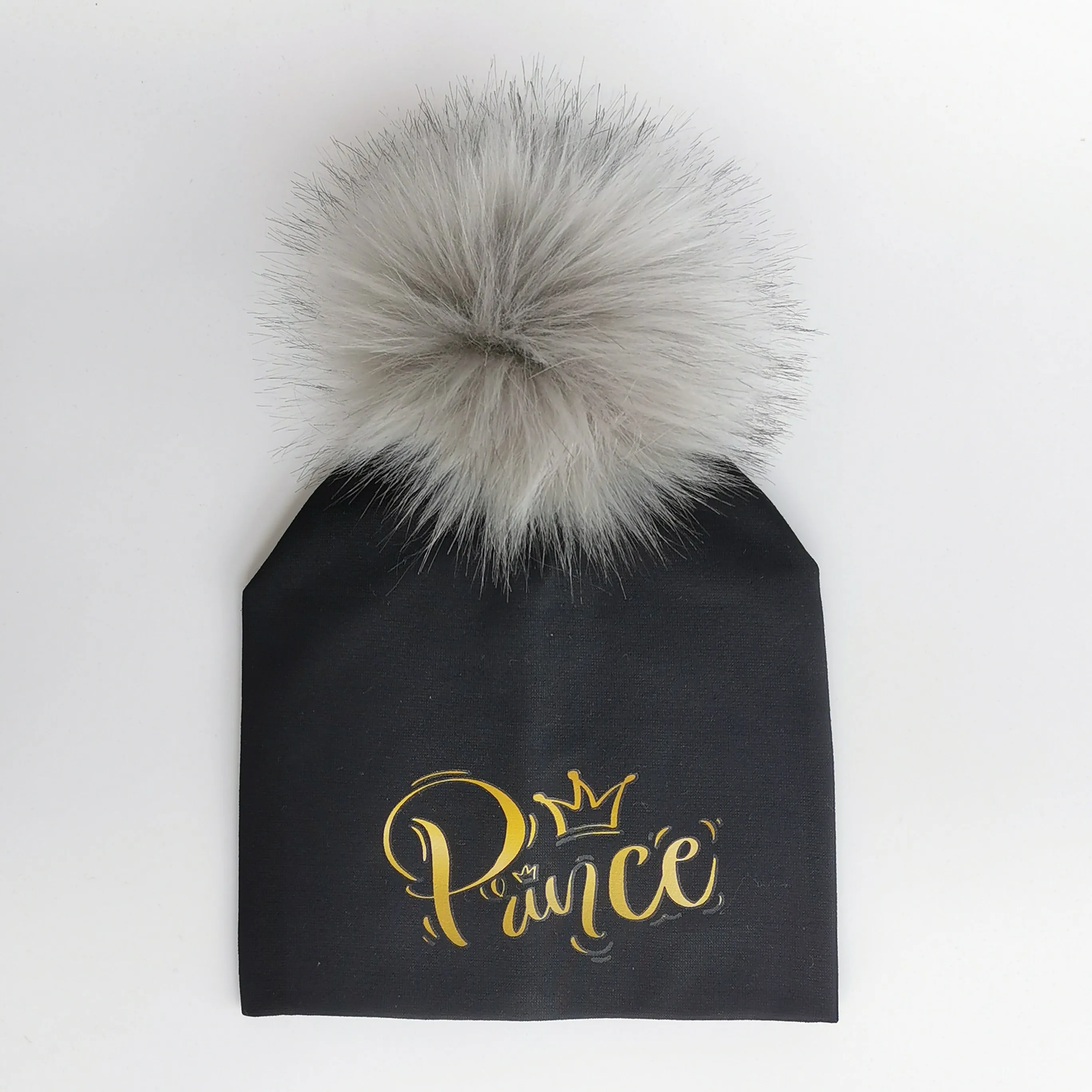 Golden Princess Prince Letter Design Pompom Cute Beanie Hats For Kids