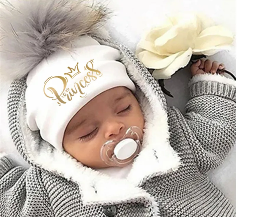 Golden Princess Prince Letter Design Pompom Cute Beanie Hats For Kids