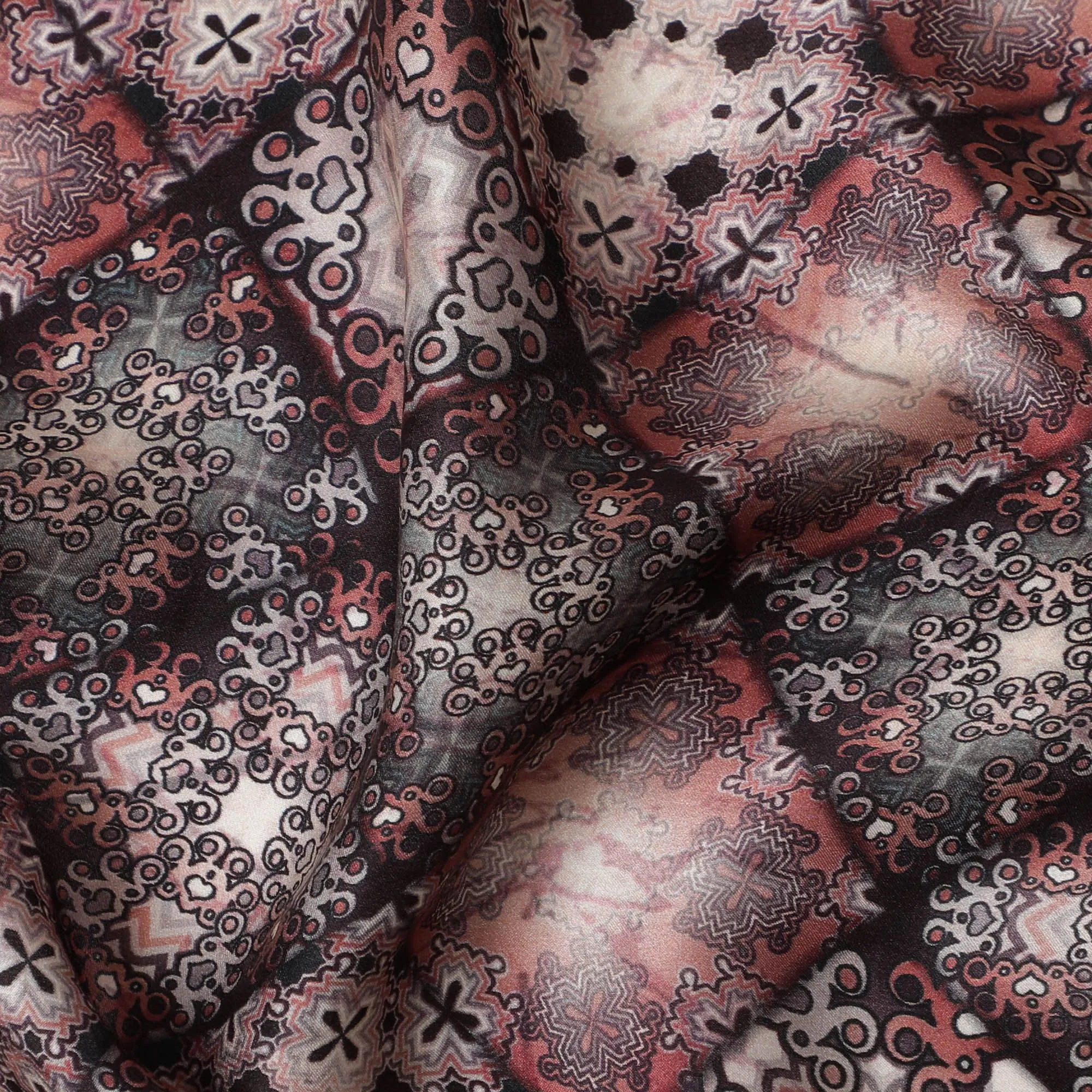 Gothic Noir Printed Silk Satin Fabric - 110cm, Mystical Indian Patterns, Luxe Sheen-D17697