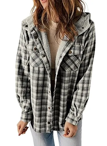 iForgirls Plaid Shacket Jacket Long Sleeve Button Down Fleece Hooded Jackets Warm Coat