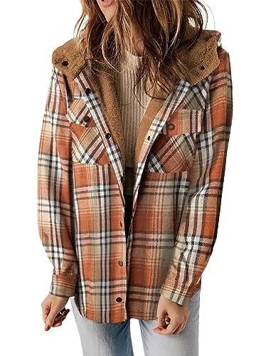 iForgirls Plaid Shacket Jacket Long Sleeve Button Down Fleece Hooded Jackets Warm Coat