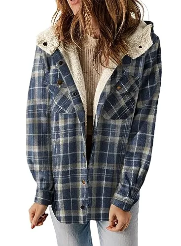 iForgirls Plaid Shacket Jacket Long Sleeve Button Down Fleece Hooded Jackets Warm Coat