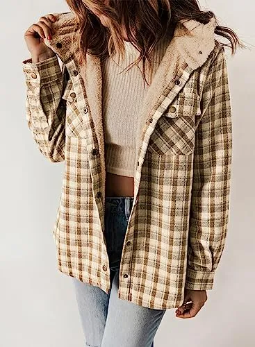 iForgirls Plaid Shacket Jacket Long Sleeve Button Down Fleece Hooded Jackets Warm Coat