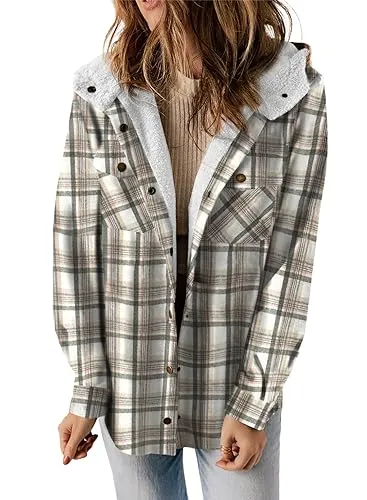 iForgirls Plaid Shacket Jacket Long Sleeve Button Down Fleece Hooded Jackets Warm Coat