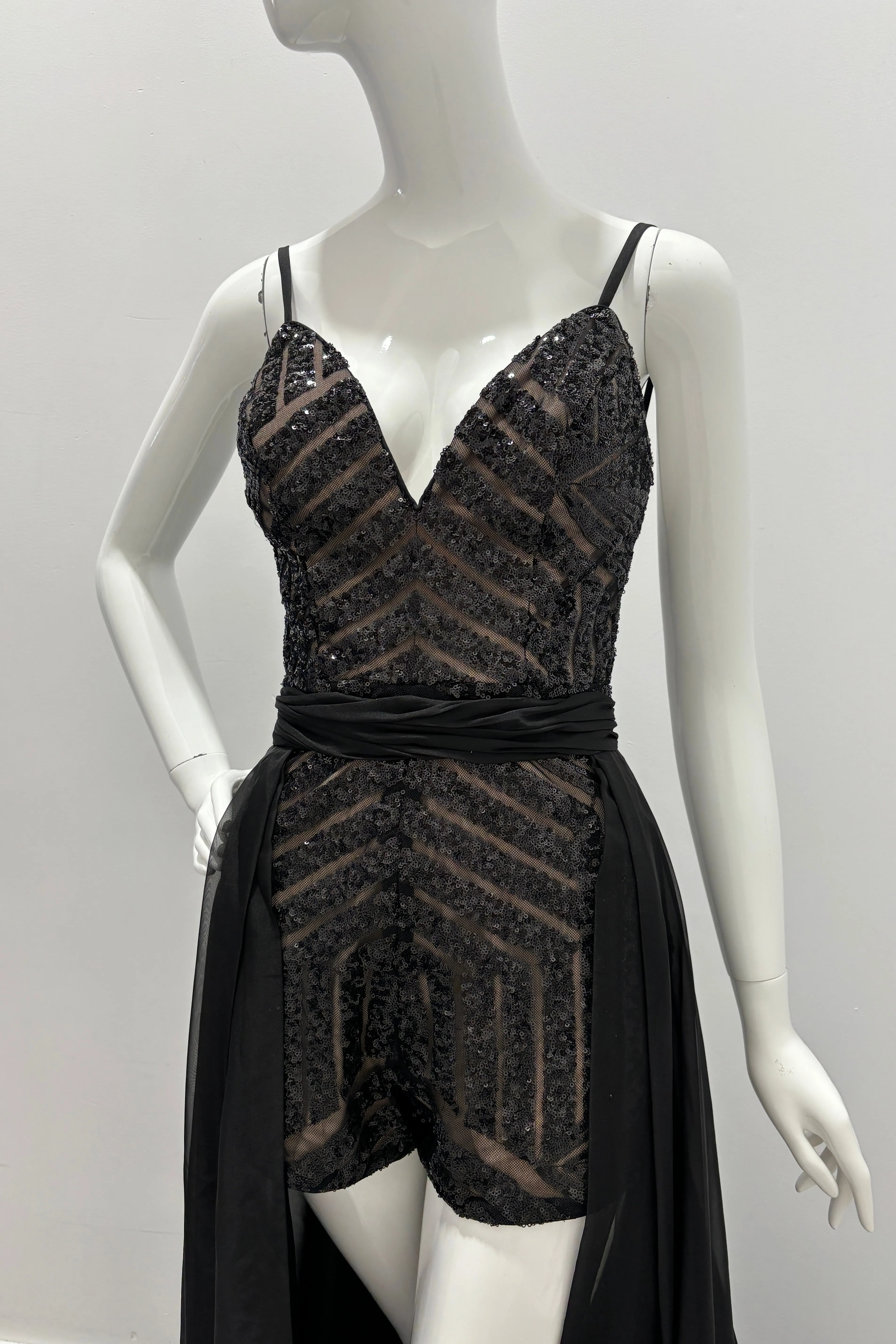 Jovani Embellished Romper With Overskirt Black