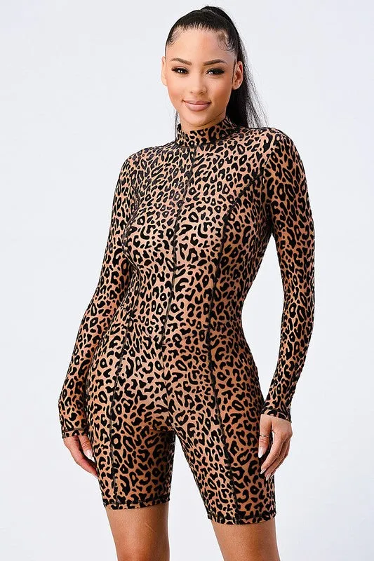 LEOPARD MESH FLOCKING LONG-SLEEVED BODYCON ROMPER