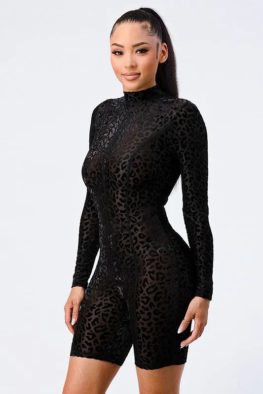 LEOPARD MESH FLOCKING LONG-SLEEVED BODYCON ROMPER