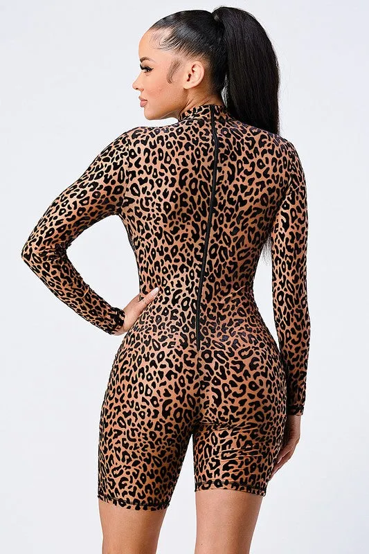 LEOPARD MESH FLOCKING LONG-SLEEVED BODYCON ROMPER