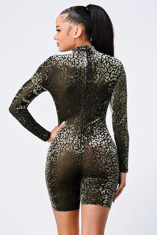 LEOPARD MESH FLOCKING LONG-SLEEVED BODYCON ROMPER