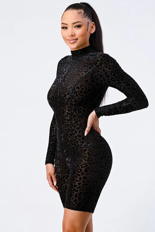 LEOPARD MESH FLOCKING LONG-SLEEVED BODYCON ROMPER